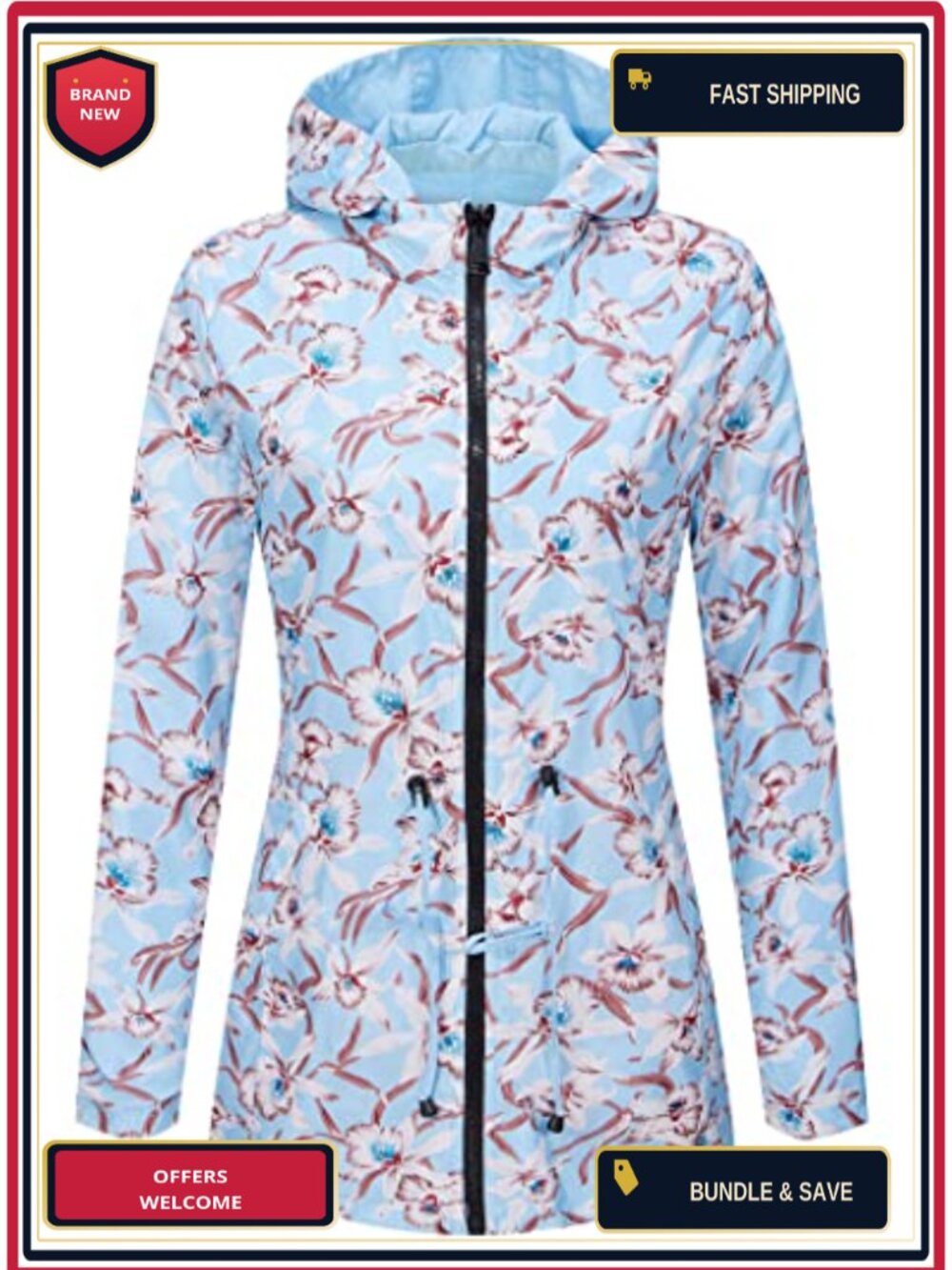 Women Casual Reversible Hooded Jacket Floral Print Waterproof Windbreaker